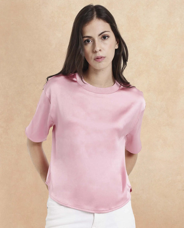 Rareism Women Karuno Light Pink Short Sleeve Ribbed Collar Boxy Fit Plain Top