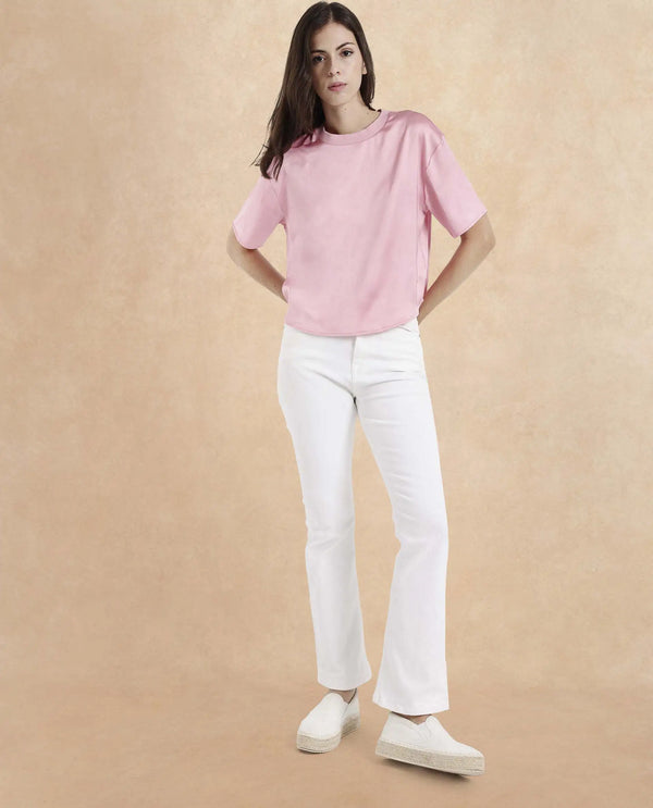 Rareism Women Karuno Light Pink Short Sleeve Ribbed Collar Boxy Fit Plain Top