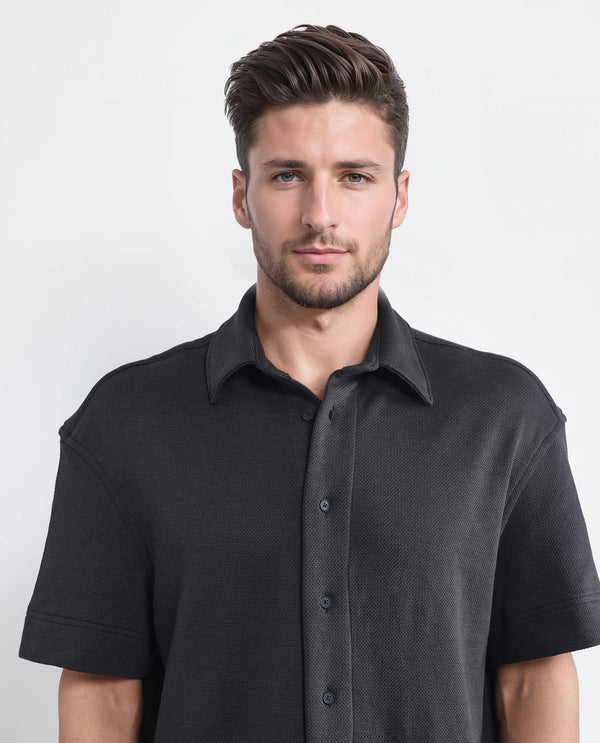 Rare Rabbit Men Kash Black Viscose Fabric Half Sleeve Collared Neck Button Closure Oversized Fit Plain Shirt