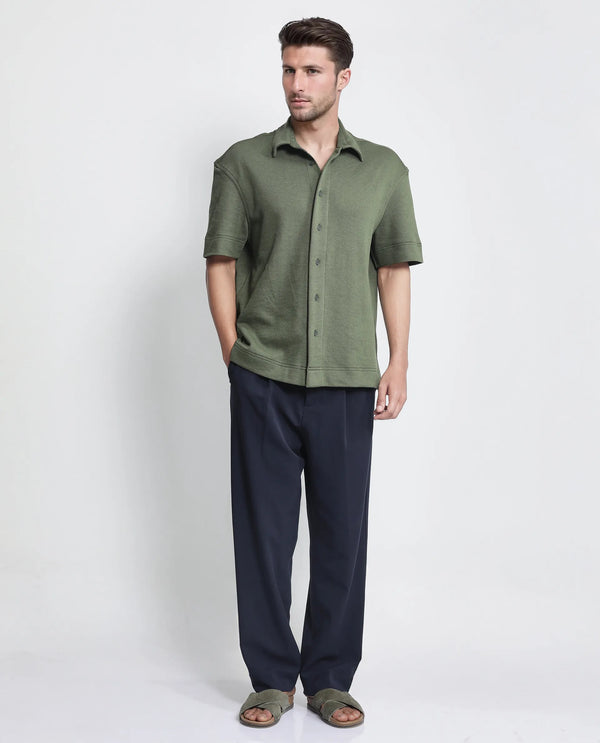 Rare Rabbit Men Kash Dark Green Viscose Fabric Half Sleeve Collared Neck Button Closure Oversized Fit Plain Shirt
