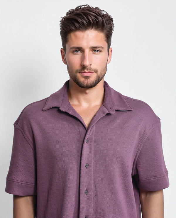 Rare Rabbit Men Kash Purple Viscose Fabric Half Sleeve Collared Neck Button Closure Oversized Fit Plain Shirt