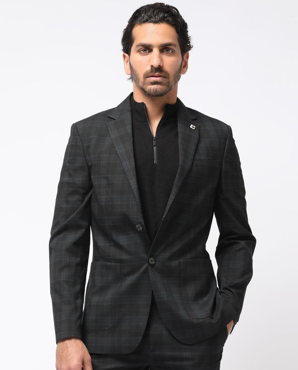 Rare Rabbit Men's Kaspro Black Polyester Viscose Fabric Notch Lapel Button Closure Single Breasted Dupplin Checks Suits