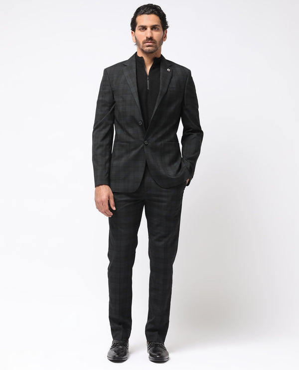 Rare Rabbit Men's Kaspro Black Polyester Viscose Fabric Notch Lapel Button Closure Single Breasted Dupplin Checks Suits