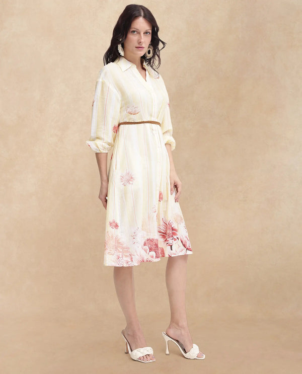 Rareism Women Katina Yellow Cotton Fabric Regular Sleeves Collared Neck Button Closure Floral Print Regular Fit Dress