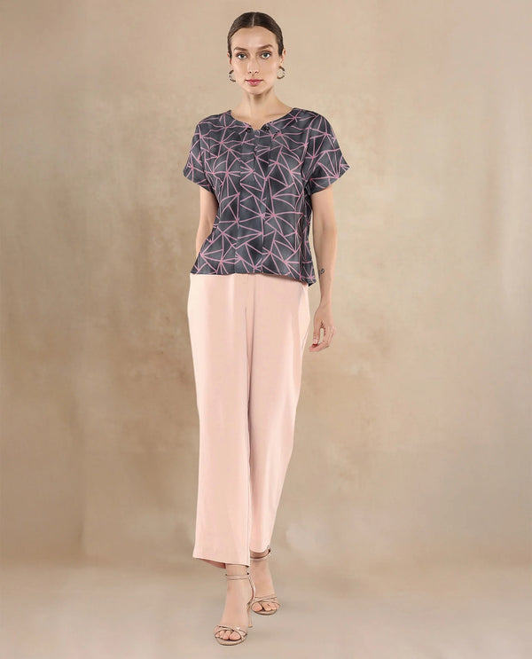 Rareism Women Katya Grey Extended Sleeves Abstract Print Top