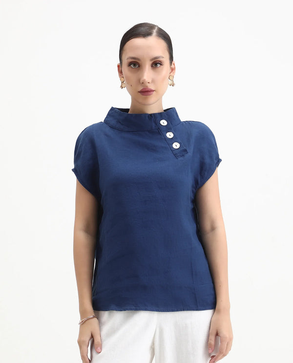 Rareism Womens Kavier Blue Top Cotton Linen Fabric Regular Fit Extended Sleeves High Neck
