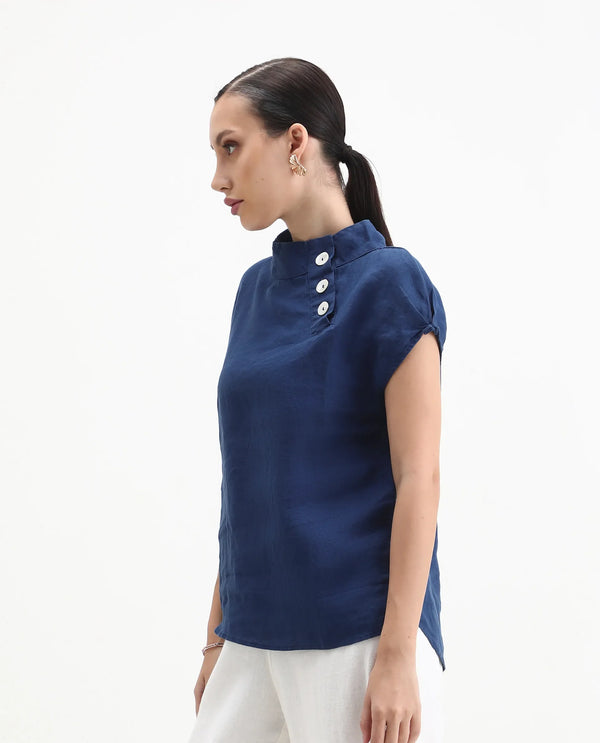 Rareism Womens Kavier Blue Top Cotton Linen Fabric Regular Fit Extended Sleeves High Neck
