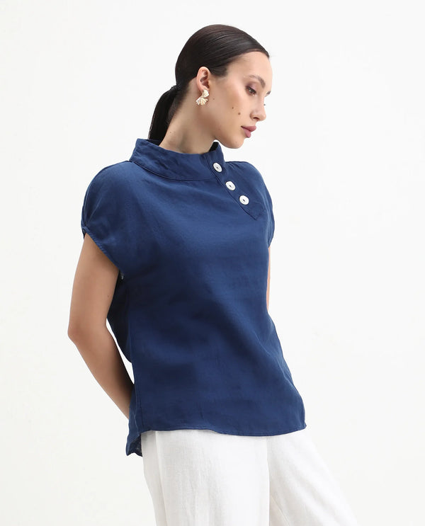 Rareism Womens Kavier Blue Top Cotton Linen Fabric Regular Fit Extended Sleeves High Neck