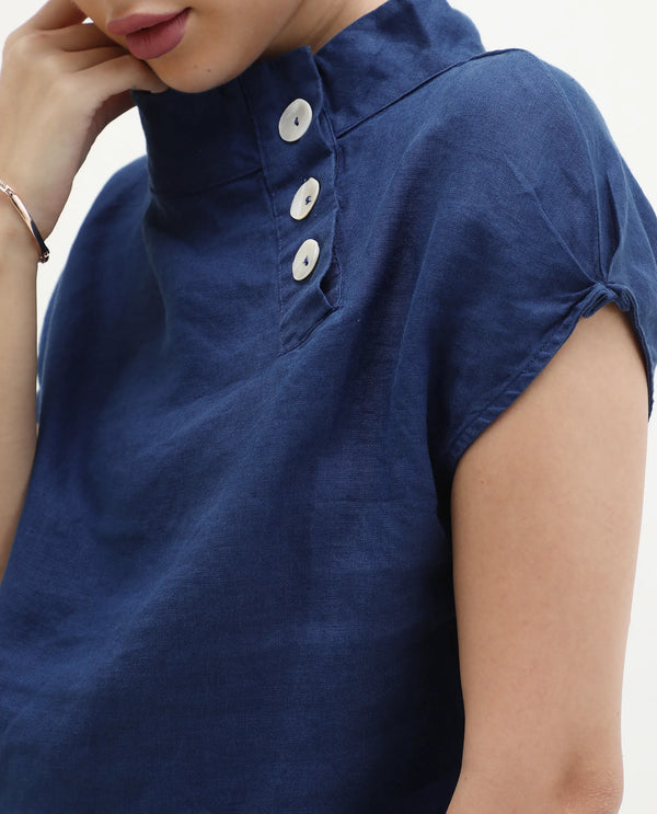 Rareism Womens Kavier Blue Top Cotton Linen Fabric Regular Fit Extended Sleeves High Neck