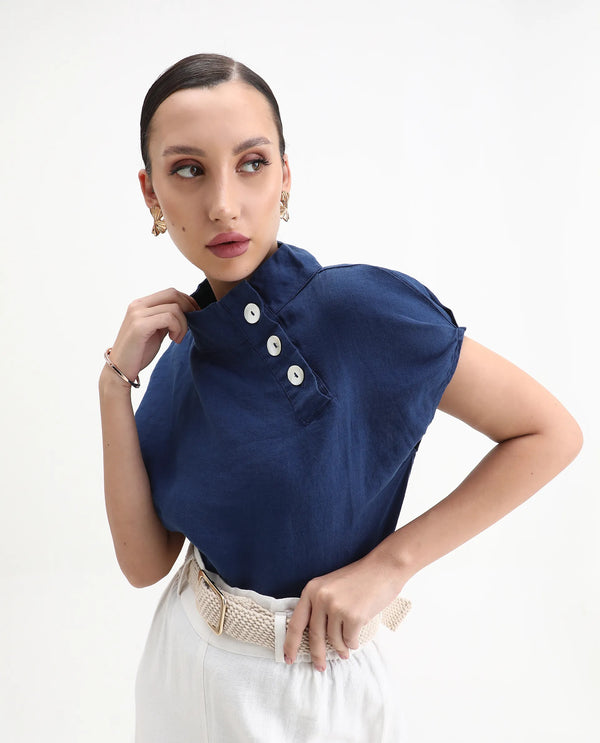 Rareism Womens Kavier Blue Top Cotton Linen Fabric Regular Fit Extended Sleeves High Neck