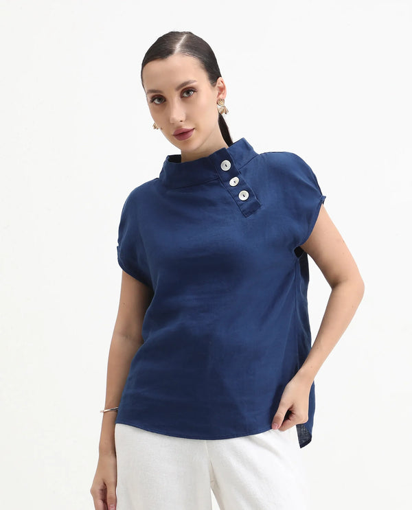 Rareism Womens Kavier Blue Top Cotton Linen Fabric Regular Fit Extended Sleeves High Neck