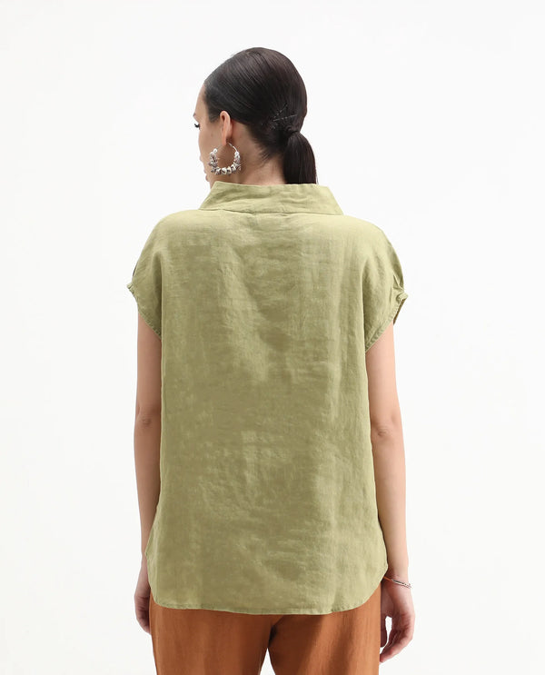 Rareism Womens Kavier Green Top Cotton Linen Fabric Regular Fit Extended Sleeves High Neck