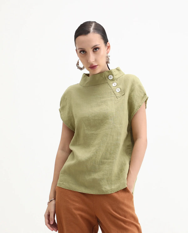 Rareism Womens Kavier Green Top Cotton Linen Fabric Regular Fit Extended Sleeves High Neck