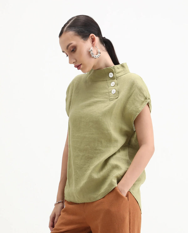 Rareism Womens Kavier Green Top Cotton Linen Fabric Regular Fit Extended Sleeves High Neck
