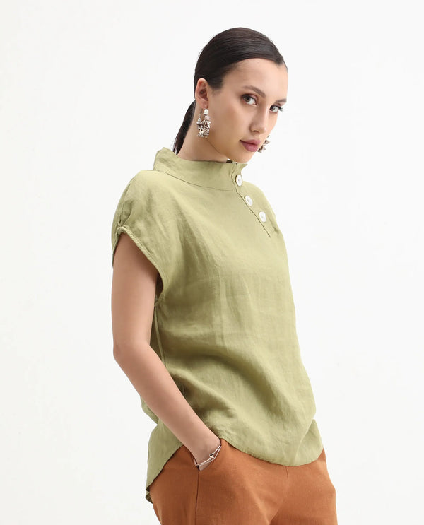 Rareism Womens Kavier Green Top Cotton Linen Fabric Regular Fit Extended Sleeves High Neck