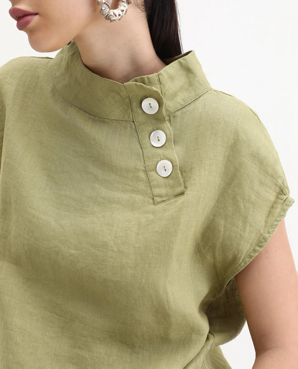Rareism Womens Kavier Green Top Cotton Linen Fabric Regular Fit Extended Sleeves High Neck