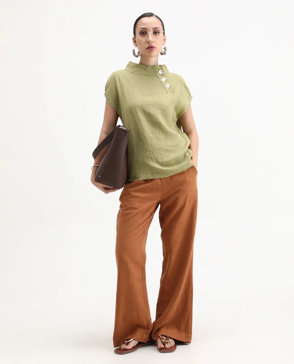 Rareism Womens Kavier Green Top Cotton Linen Fabric Regular Fit Extended Sleeves High Neck