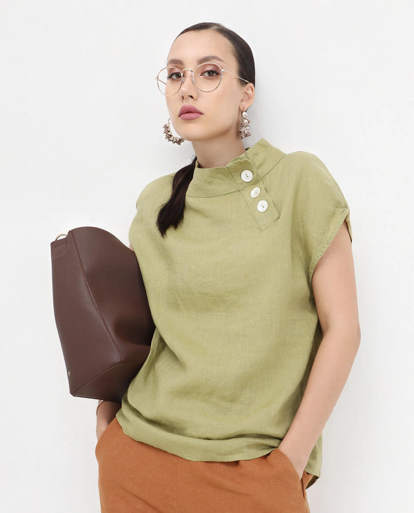 Rareism Womens Kavier Green Top Cotton Linen Fabric Regular Fit Extended Sleeves High Neck