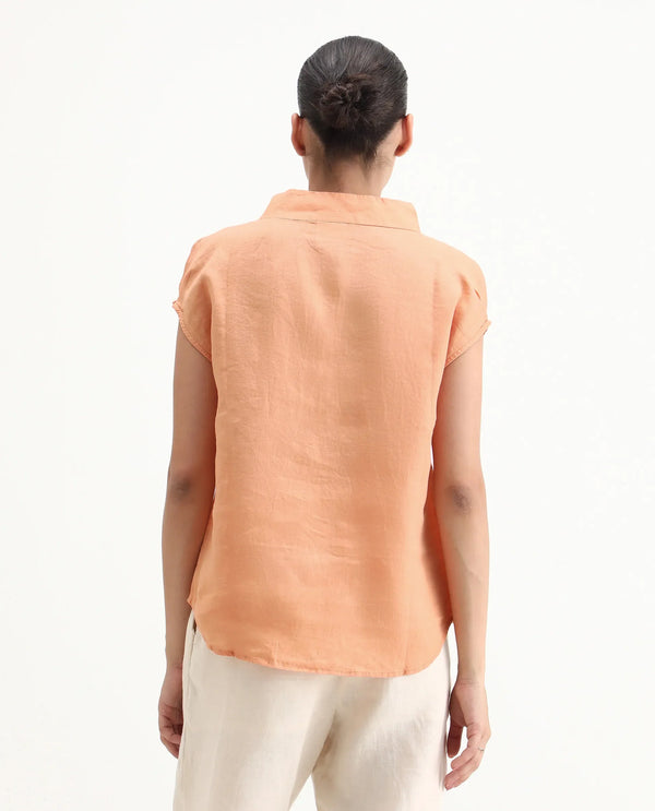 Rareism Women Kavier Light Orange Cotton Linen Fabric Regular Fit High Neck Half Sleeves Solid Top