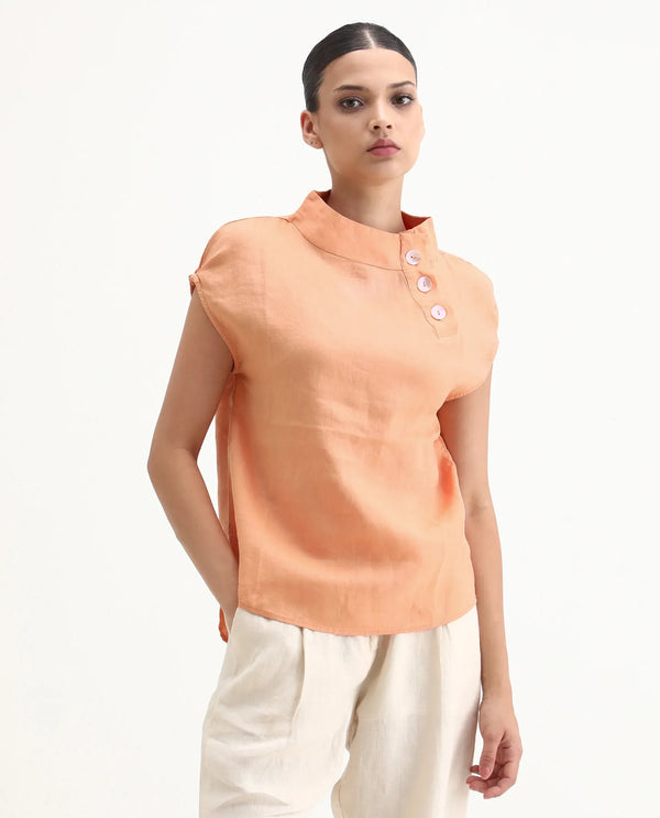 Rareism Women Kavier Light Orange Cotton Linen Fabric Regular Fit High Neck Half Sleeves Solid Top