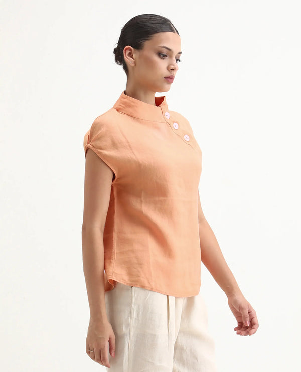 Rareism Women Kavier Light Orange Cotton Linen Fabric Regular Fit High Neck Half Sleeves Solid Top