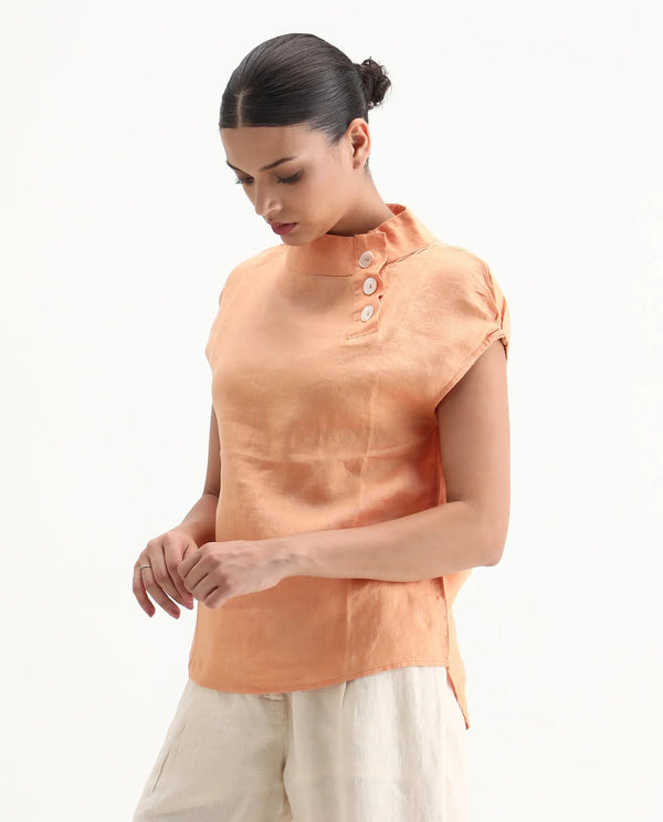 Rareism Women Kavier Light Orange Cotton Linen Fabric Regular Fit High Neck Half Sleeves Solid Top