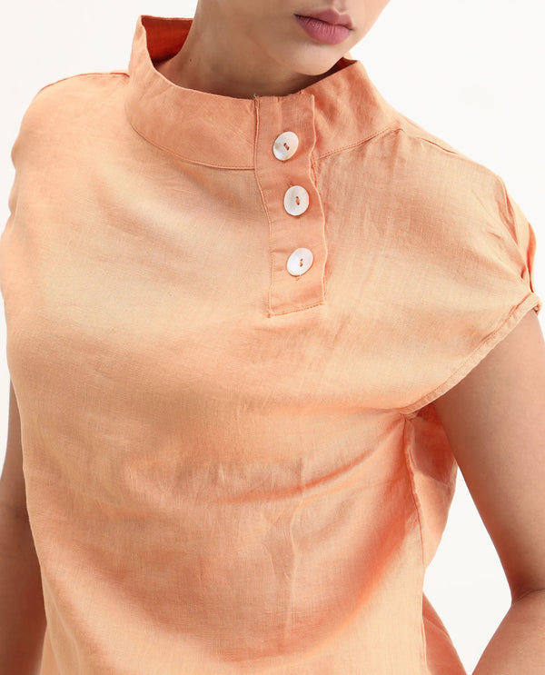 Rareism Women Kavier Light Orange Cotton Linen Fabric Regular Fit High Neck Half Sleeves Solid Top