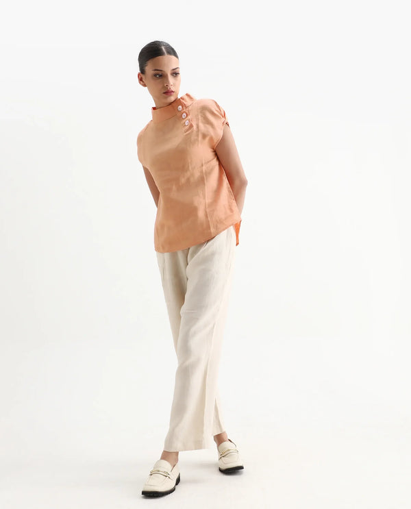 Rareism Women Kavier Light Orange Cotton Linen Fabric Regular Fit High Neck Half Sleeves Solid Top