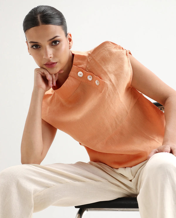 Rareism Women Kavier Light Orange Cotton Linen Fabric Regular Fit High Neck Half Sleeves Solid Top