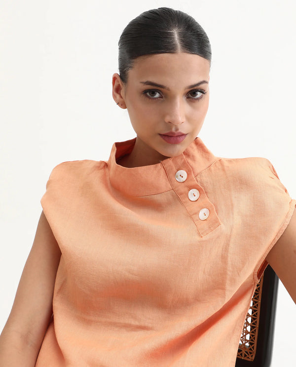 Rareism Women Kavier Light Orange Cotton Linen Fabric Regular Fit High Neck Half Sleeves Solid Top