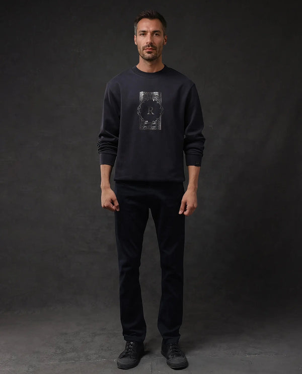 Rare Rabbit Men Kav Navy Cotton Full Sleeve Crew Neck Foil HD Print Sweatshirt