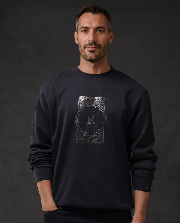 Rare Rabbit Men Kav Navy Cotton Full Sleeve Crew Neck Foil HD Print Sweatshirt