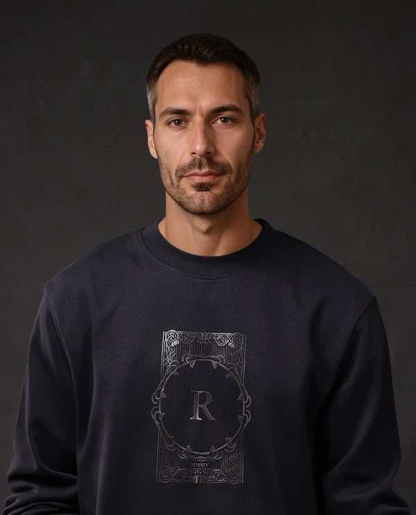 Rare Rabbit Men Kav Navy Cotton Full Sleeve Crew Neck Foil HD Print Sweatshirt