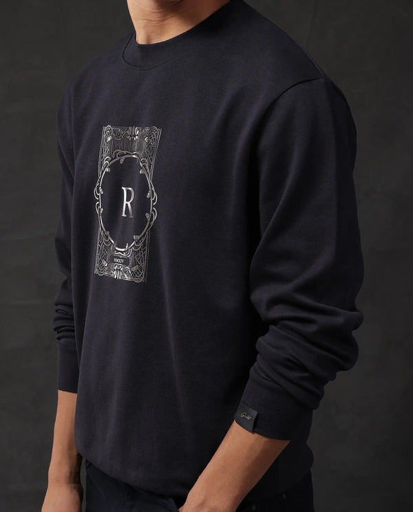 Rare Rabbit Men Kav Navy Cotton Full Sleeve Crew Neck Foil HD Print Sweatshirt