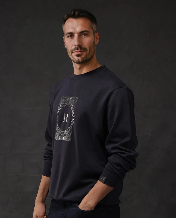 Rare Rabbit Men Kav Navy Cotton Full Sleeve Crew Neck Foil HD Print Sweatshirt