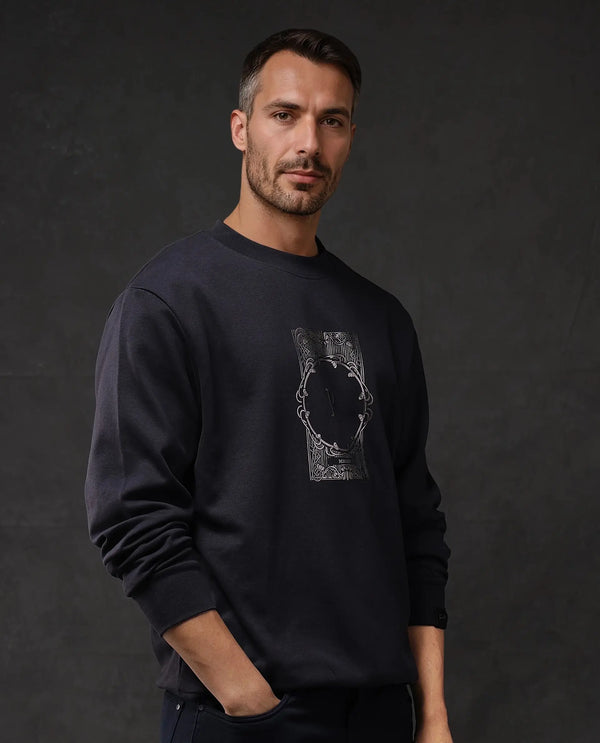Rare Rabbit Men Kav Navy Cotton Full Sleeve Crew Neck Foil HD Print Sweatshirt
