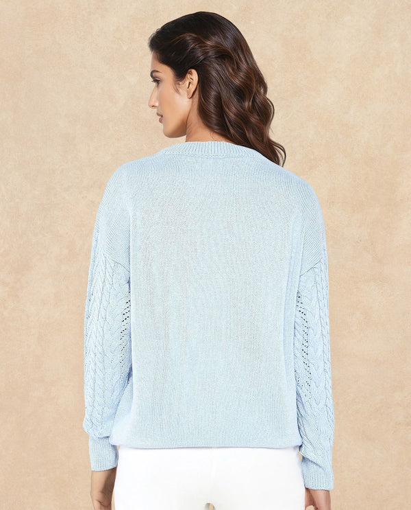 Rareism Women Kaya Light Blue Acrylic Fabric Full Sleeve Crew Neck Plain Sweater