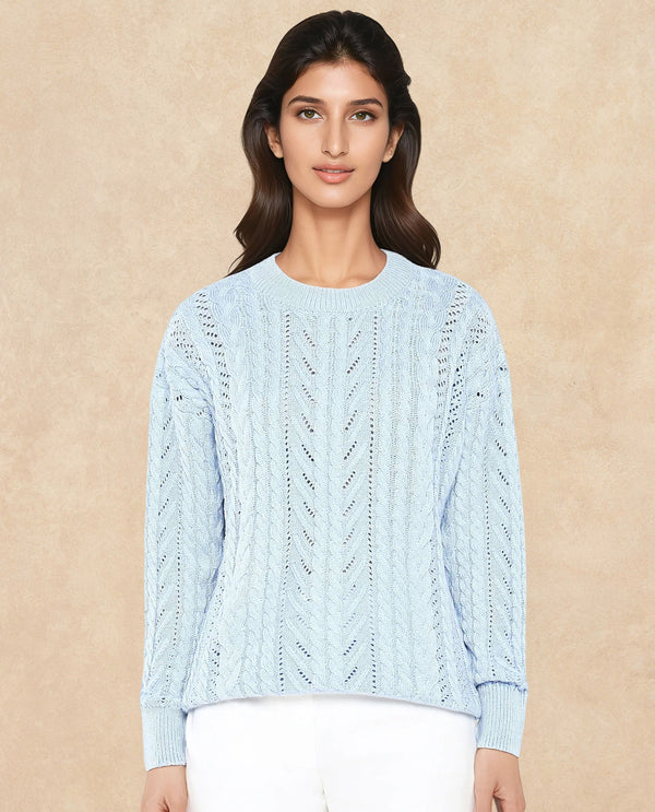 Rareism Women Kaya Light Blue Acrylic Fabric Full Sleeve Crew Neck Plain Sweater