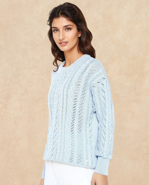 Rareism Women Kaya Light Blue Acrylic Fabric Full Sleeve Crew Neck Plain Sweater