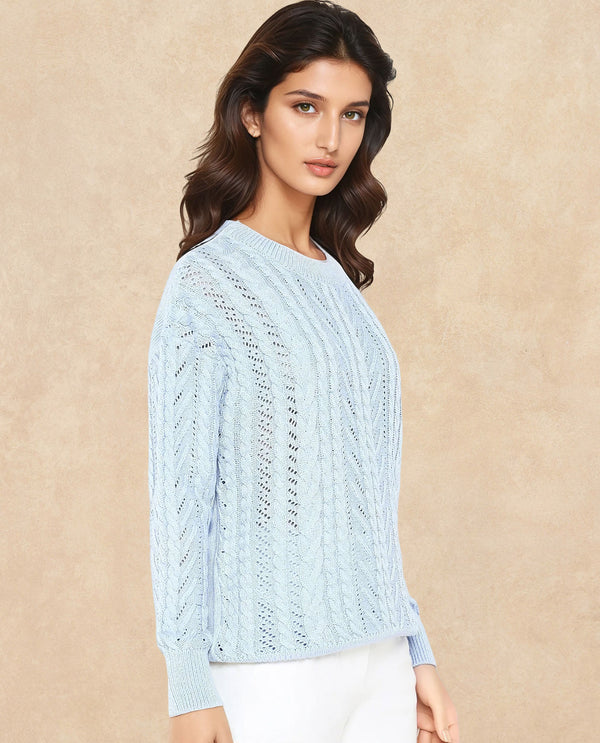 Rareism Women Kaya Light Blue Acrylic Fabric Full Sleeve Crew Neck Plain Sweater