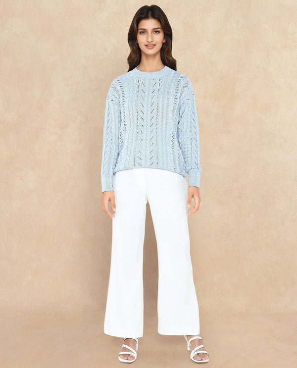 Rareism Women Kaya Light Blue Acrylic Fabric Full Sleeve Crew Neck Plain Sweater