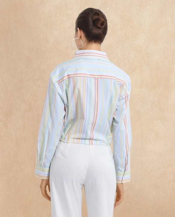 Rareism Women Kaylae Light Multi Cuffed Sleeve Collared Neck Button Closure Cropped Narrow Stripes Top