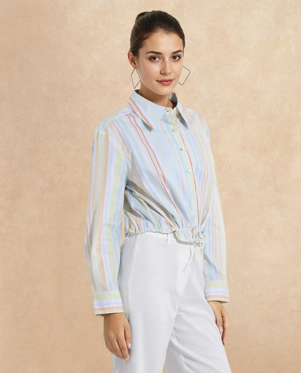 Rareism Women Kaylae Light Multi Cuffed Sleeve Collared Neck Button Closure Cropped Narrow Stripes Top