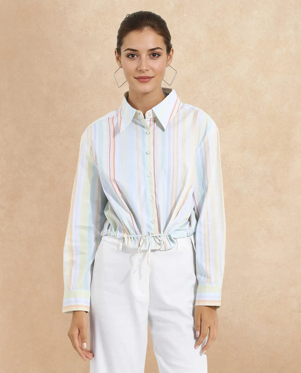 Rareism Women Kaylae Light Multi Cuffed Sleeve Collared Neck Button Closure Cropped Narrow Stripes Top