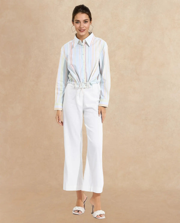 Rareism Women Kaylae Light Multi Cuffed Sleeve Collared Neck Button Closure Cropped Narrow Stripes Top