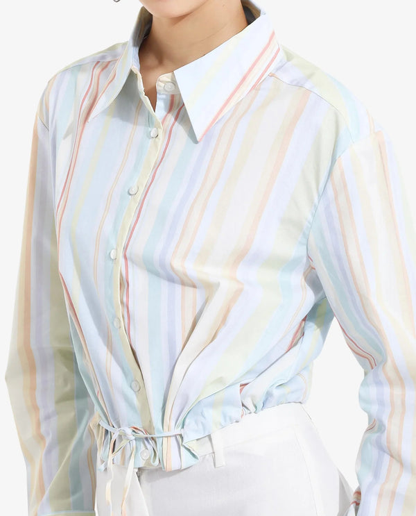 Rareism Women Kaylae Light Multi Cuffed Sleeve Collared Neck Button Closure Cropped Narrow Stripes Top
