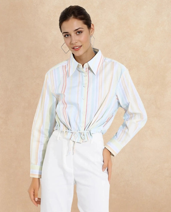 Rareism Women Kaylae Light Multi Cuffed Sleeve Collared Neck Button Closure Cropped Narrow Stripes Top