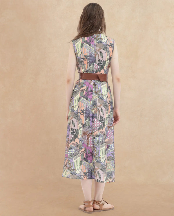 Rareism Women Kaylee Multi Polyester Fabric Zip Closure Round Neck Sleeveless Fit And Flare Print Midi Dress