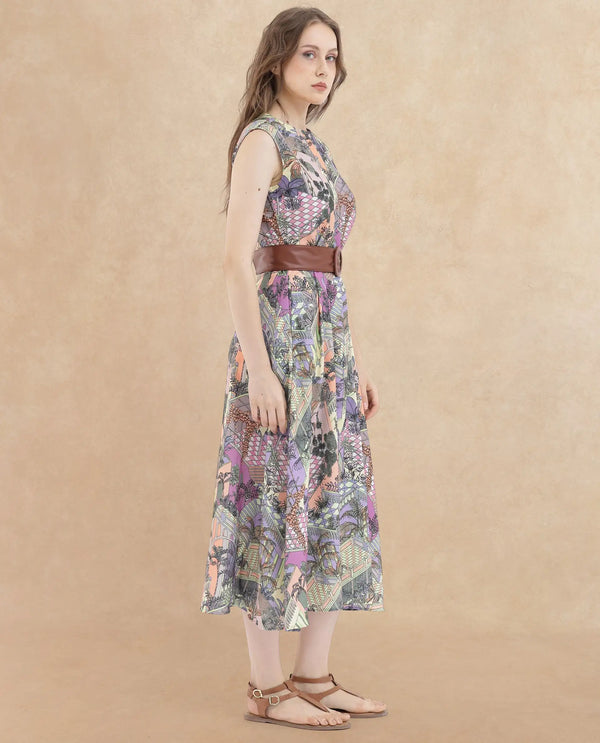 Rareism Women Kaylee Multi Polyester Fabric Zip Closure Round Neck Sleeveless Fit And Flare Print Midi Dress