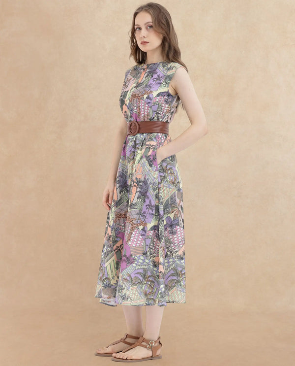 Rareism Women Kaylee Multi Polyester Fabric Zip Closure Round Neck Sleeveless Fit And Flare Print Midi Dress